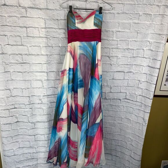 Scala strapless brush print multicolor maxi dress sz 4 - Picture 6 of 16